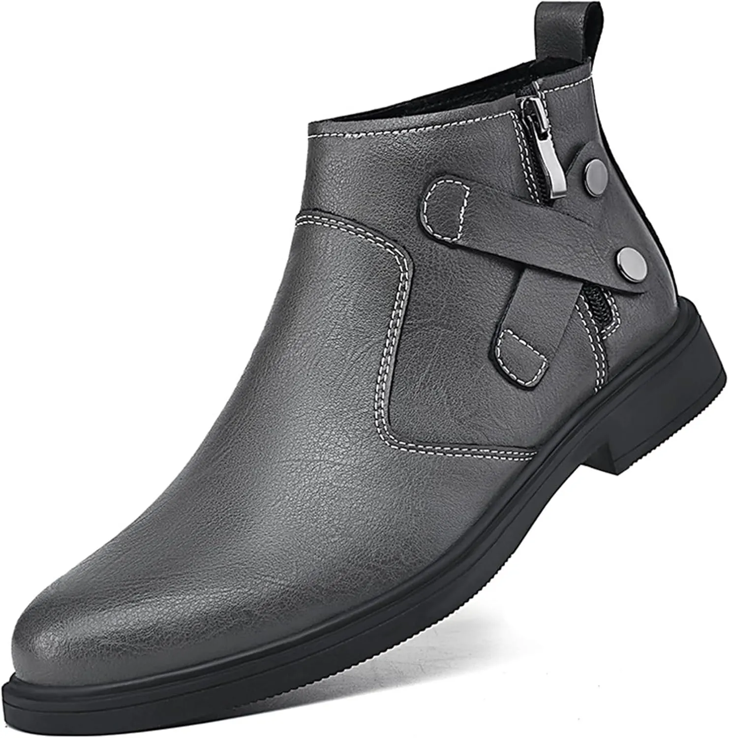 Men's Genuine Leather Pointed Chelsea Boots with Side Zipper Winter Plus Velvet Chunky Heel Non-Slip Dress Chukka Boots Suitable for Driving Work