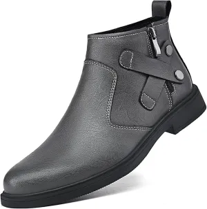 Men's Genuine Leather Pointed Chelsea Boots with Side Zipper Winter Plus Velvet Chunky Heel Non-Slip Dress Chukka Boots Suitable for Driving Work