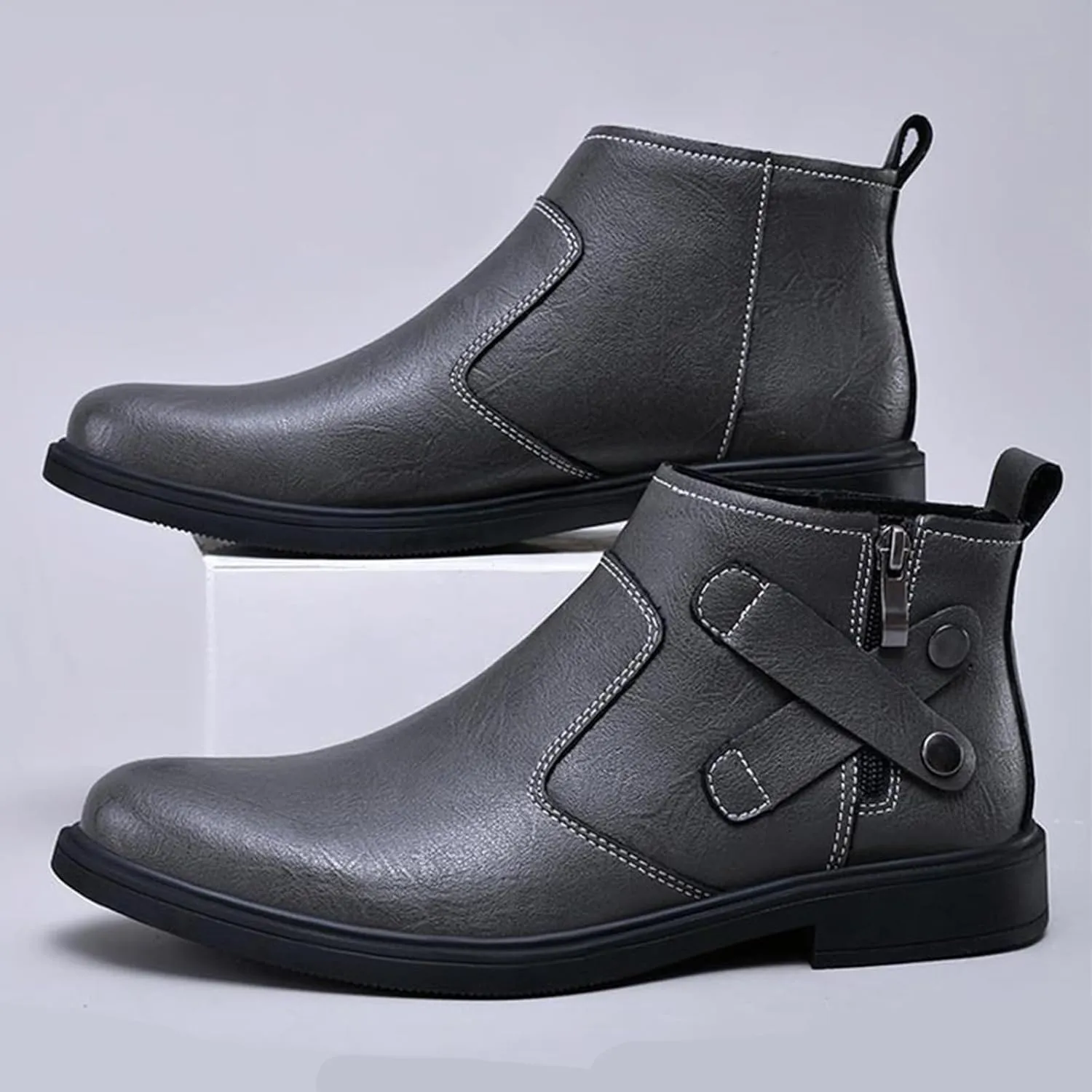 Men's Genuine Leather Pointed Chelsea Boots with Side Zipper Winter Plus Velvet Chunky Heel Non-Slip Dress Chukka Boots Suitable for Driving Work