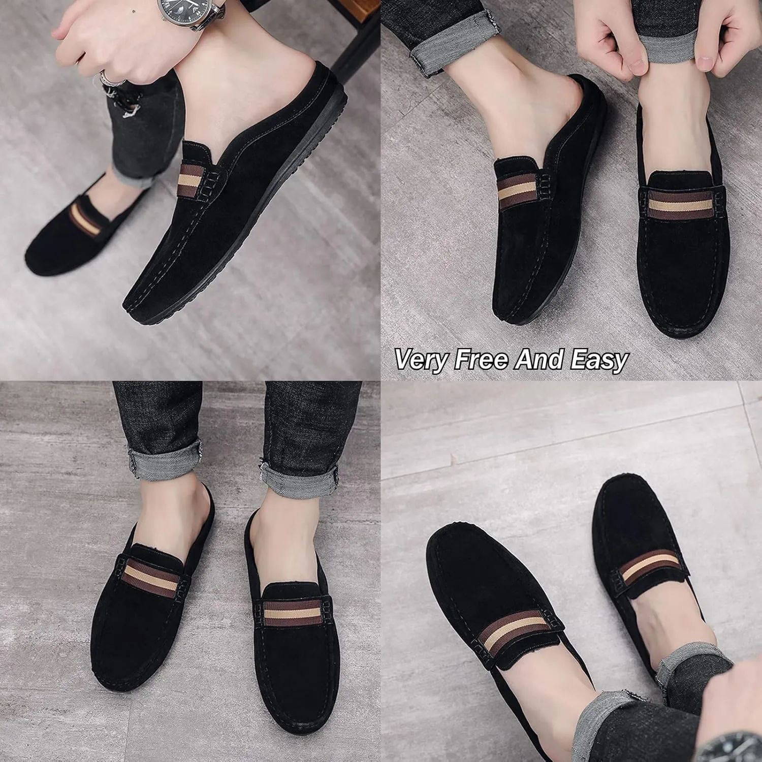 Men's Hand Stitched Comfortable Mule Clog Slippers,Soft Leather Backless Non-Slip Casual Walking Slip-On Loafers