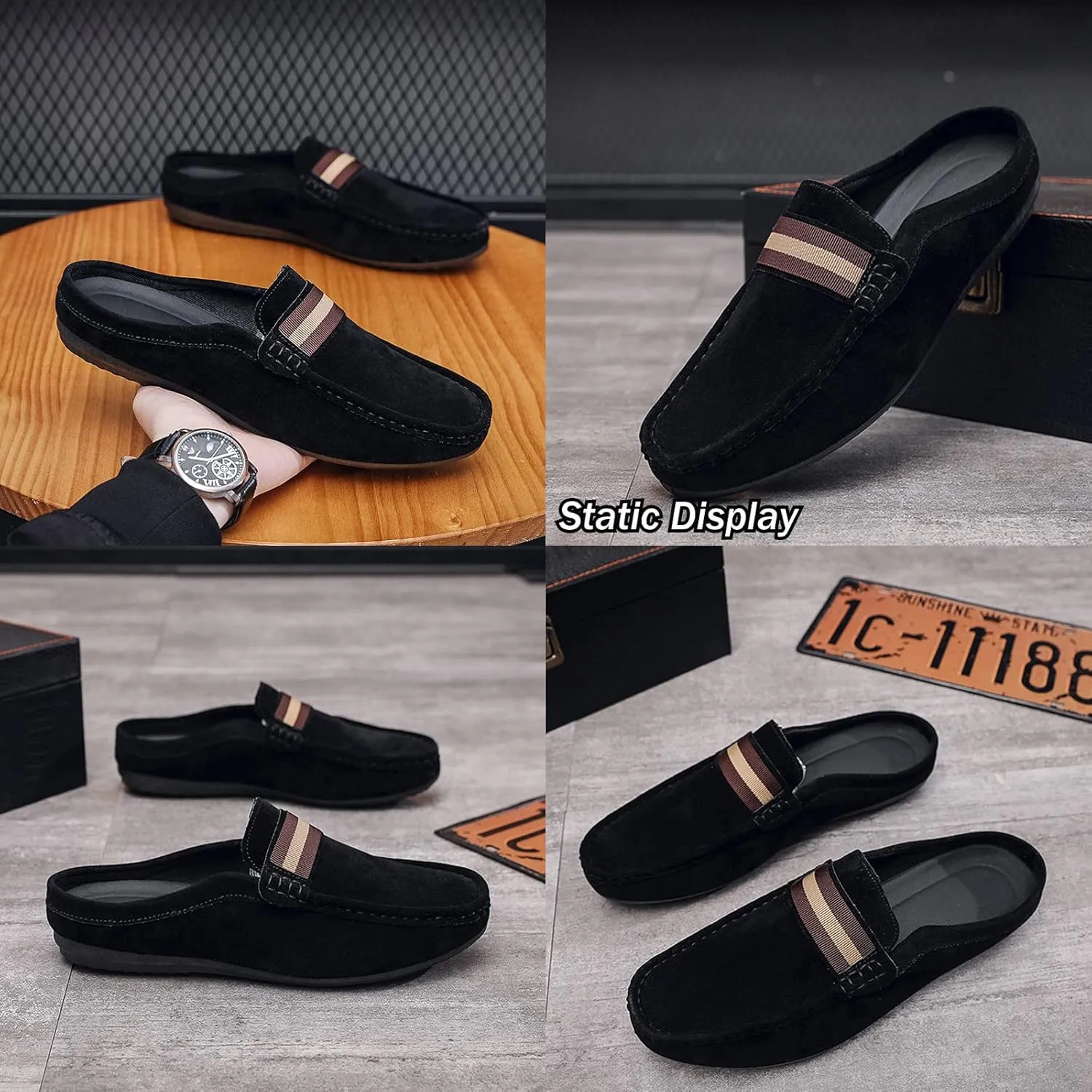 Men's Hand Stitched Comfortable Mule Clog Slippers,Soft Leather Backless Non-Slip Casual Walking Slip-On Loafers