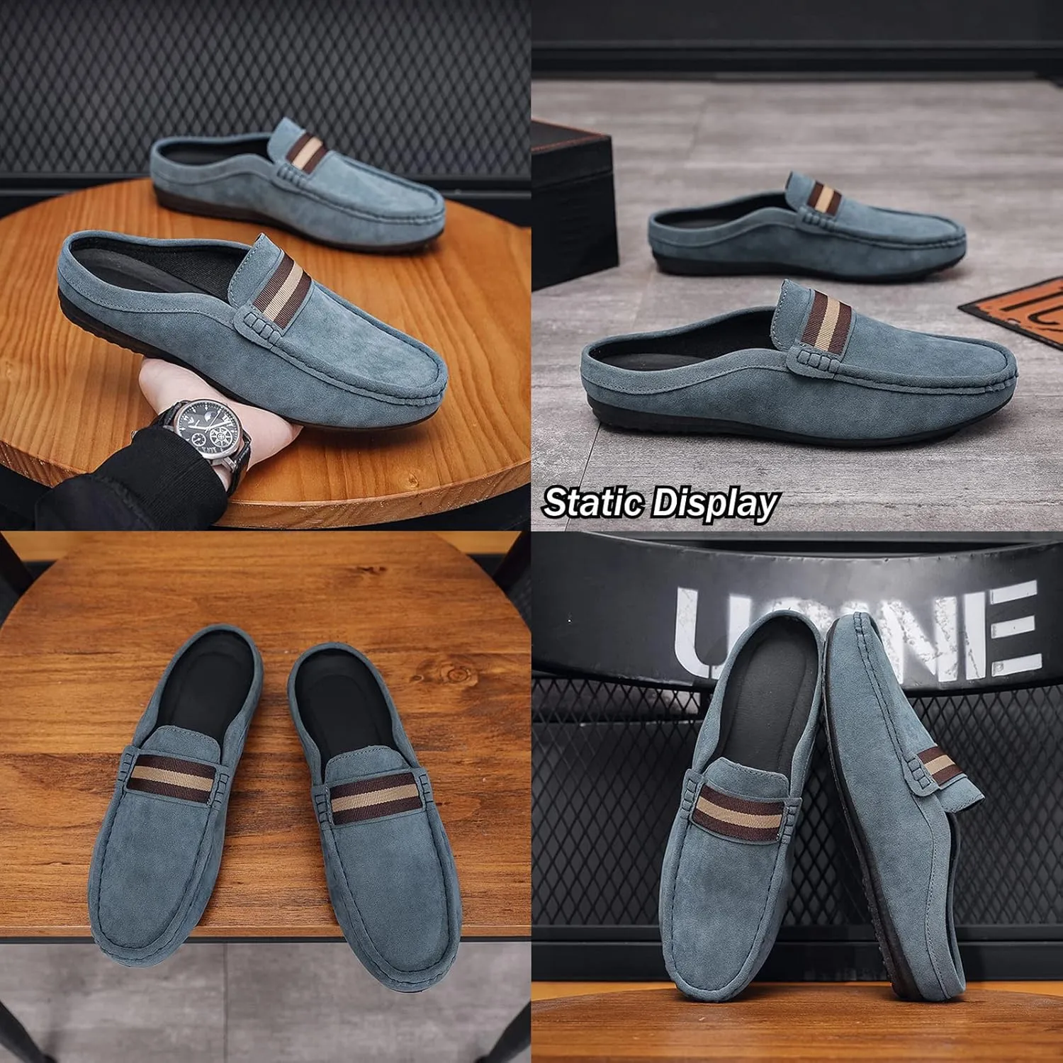Men's Hand Stitched Comfortable Mule Clog Slippers,Soft Leather Backless Non-Slip Casual Walking Slip-On Loafers