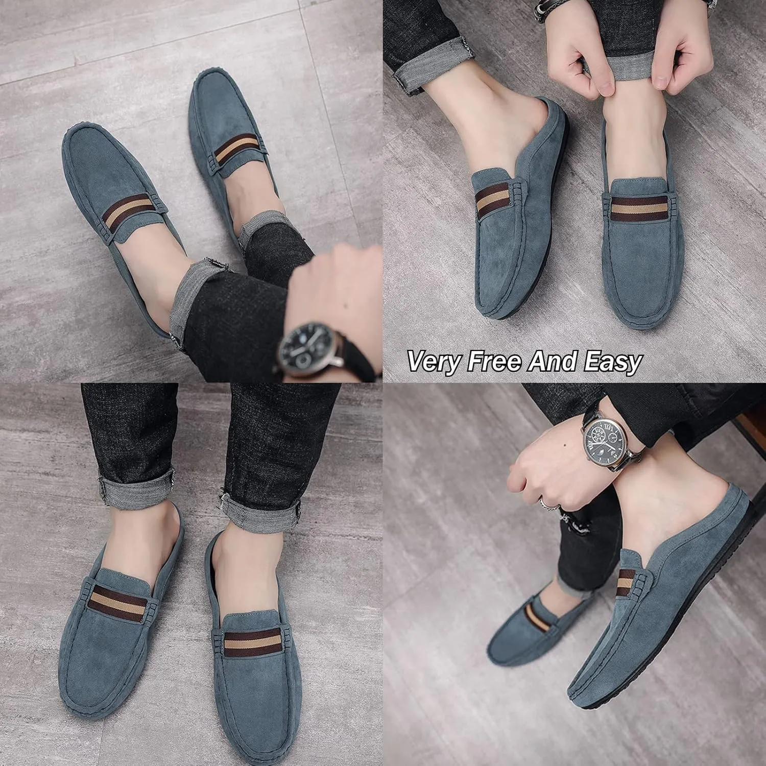 Men's Hand Stitched Comfortable Mule Clog Slippers,Soft Leather Backless Non-Slip Casual Walking Slip-On Loafers