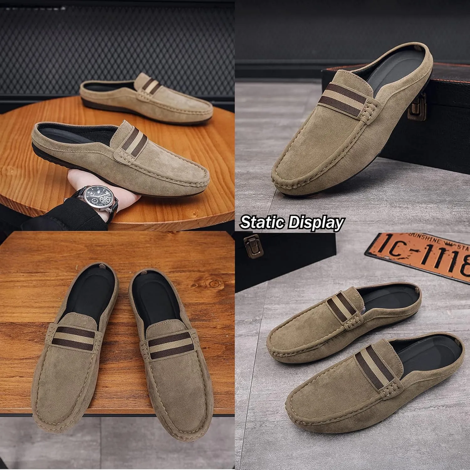 Men's Hand Stitched Comfortable Mule Clog Slippers,Soft Leather Backless Non-Slip Casual Walking Slip-On Loafers