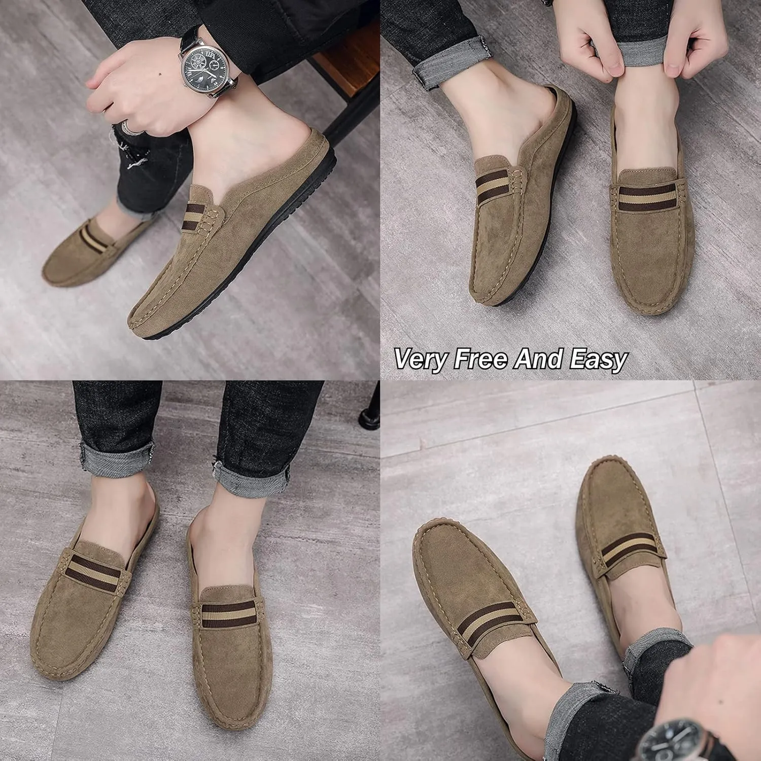 Men's Hand Stitched Comfortable Mule Clog Slippers,Soft Leather Backless Non-Slip Casual Walking Slip-On Loafers
