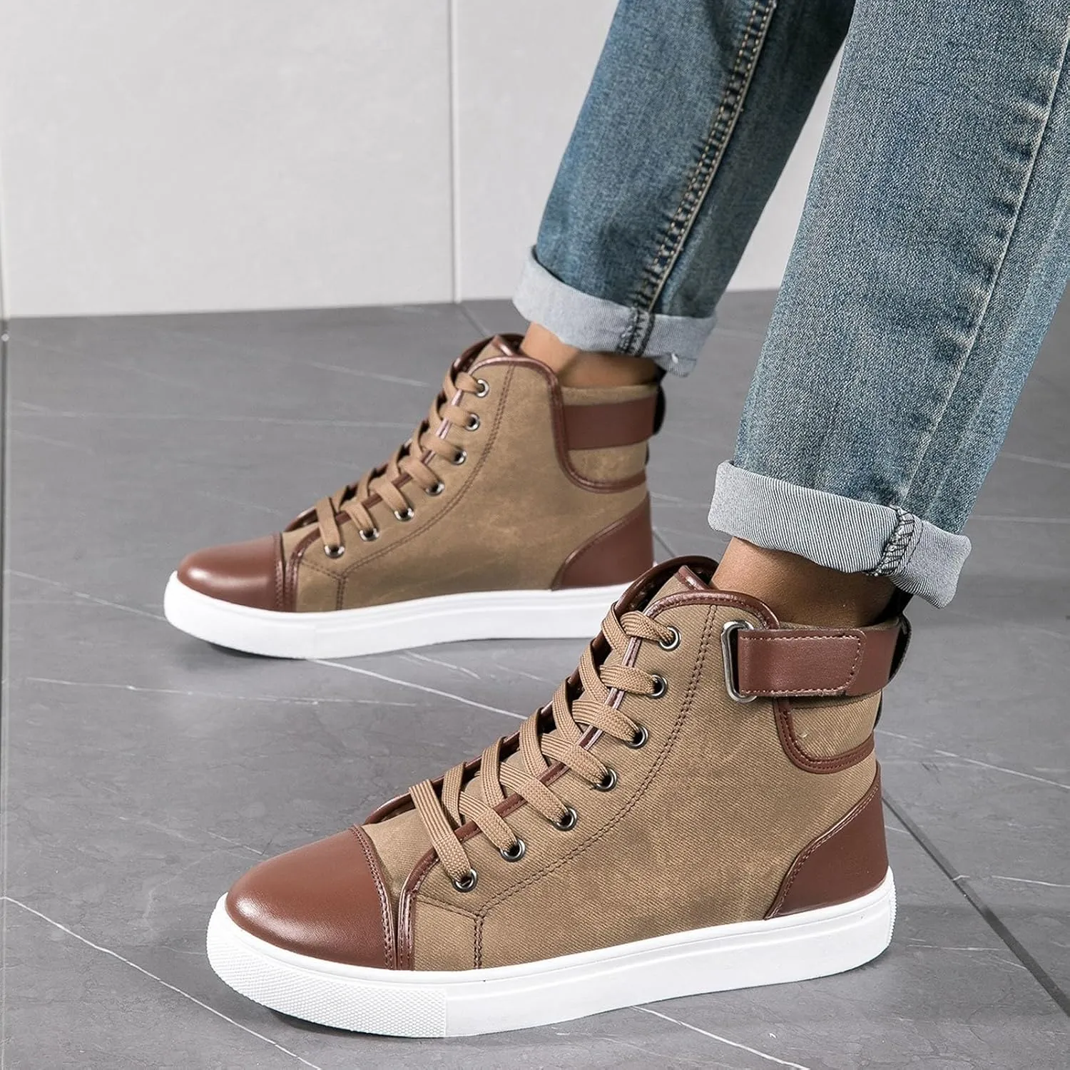 Men's High Top Board Shoes Leather Non Slip Walking Shoes Casual Lace Up Arch Support Shoes Mens Sneaker Boots Size 12