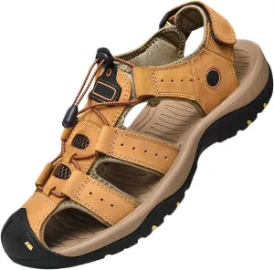 Mens Hiking Sandals Outdoor Sports Summer Leather Beach Fisherman Water Shoes Adjustable Closed Toe Walking Trekking Sandals Casual Breathable Non-Slip Athletic Sandals Waterproof