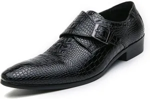 Men's Leather Monk Buckle Pointed-Toe Dress Oxford Shoes, Fashionable Chunky Low Heel Slip-on Low Top Business Formal Loafers for Office Work