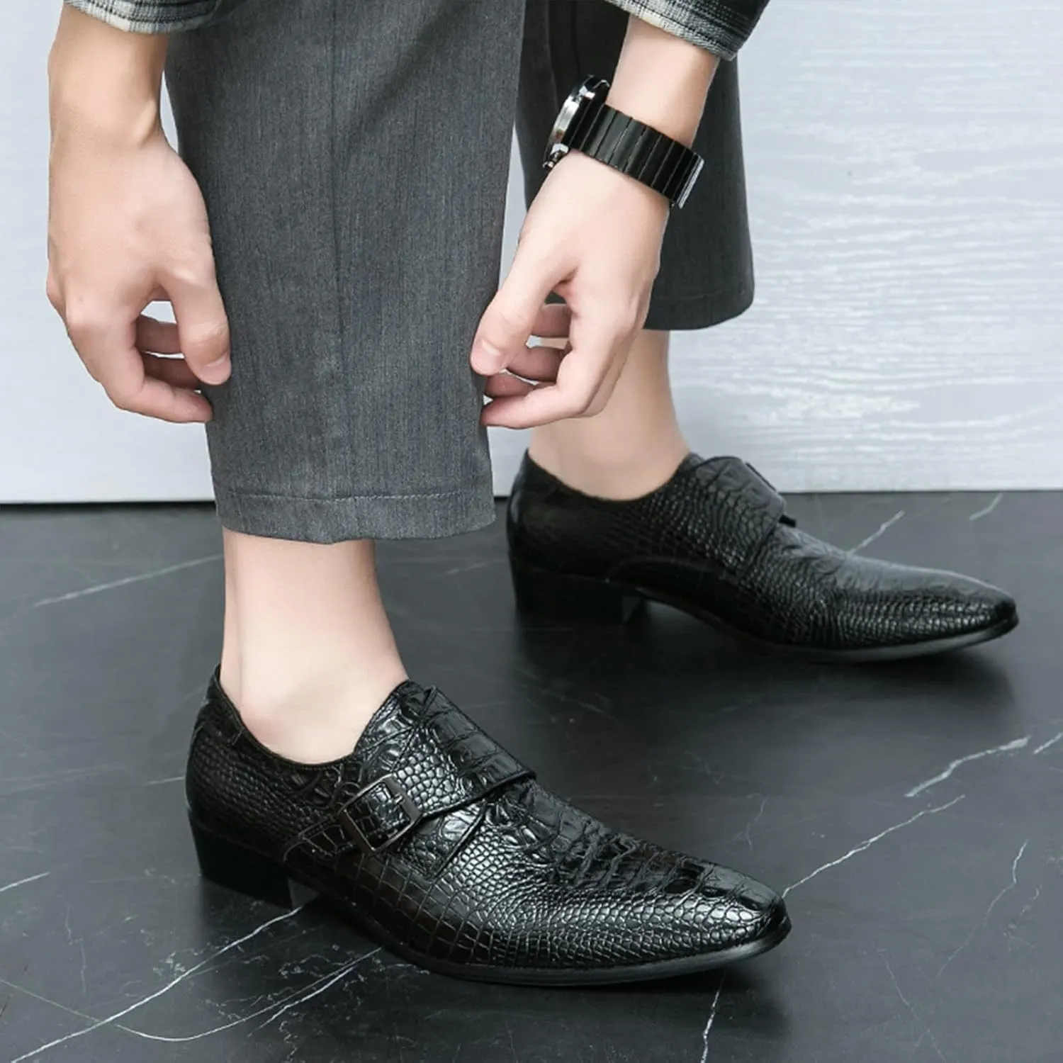 Men's Leather Monk Buckle Pointed-Toe Dress Oxford Shoes, Fashionable Chunky Low Heel Slip-on Low Top Business Formal Loafers for Office Work