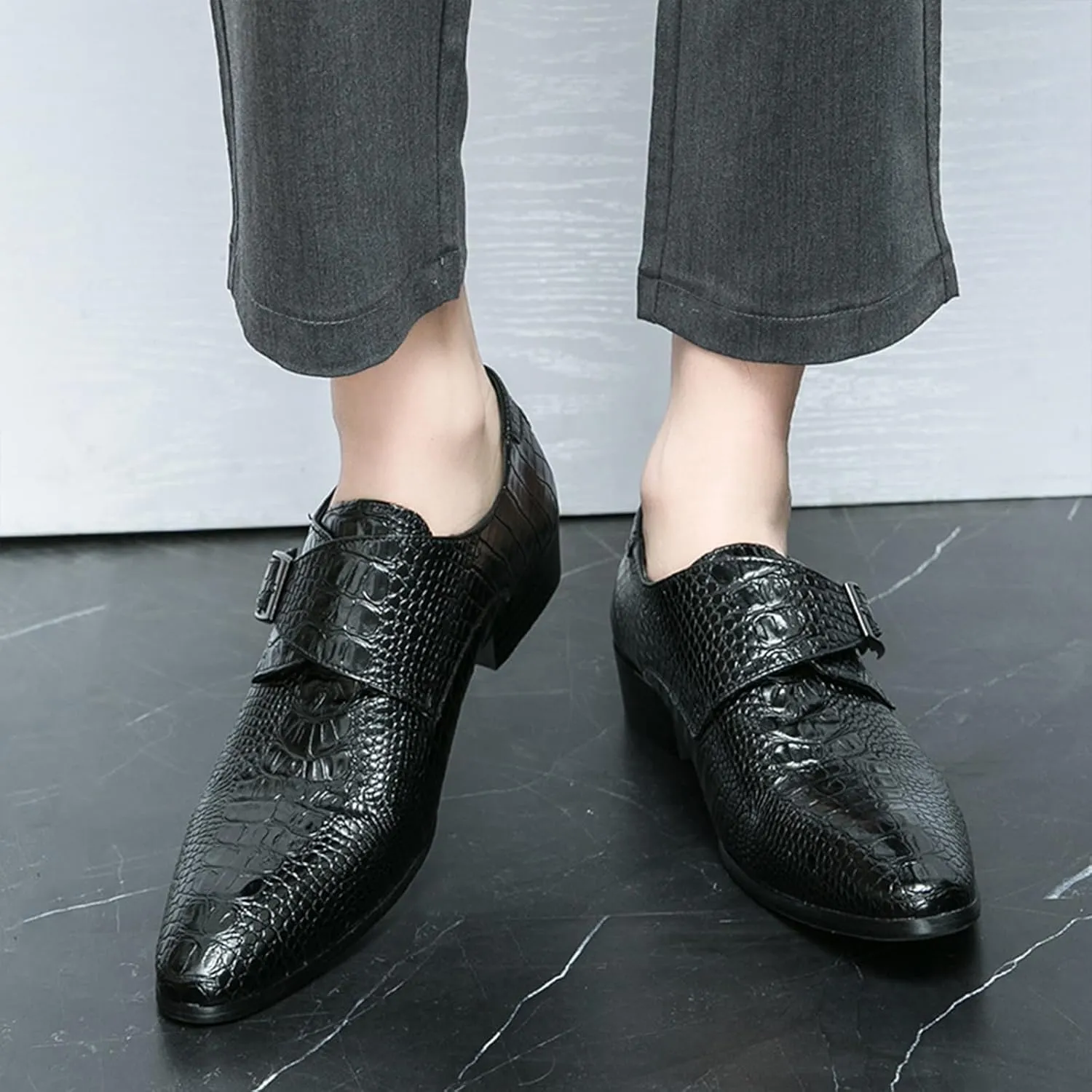 Men's Leather Monk Buckle Pointed-Toe Dress Oxford Shoes, Fashionable Chunky Low Heel Slip-on Low Top Business Formal Loafers for Office Work
