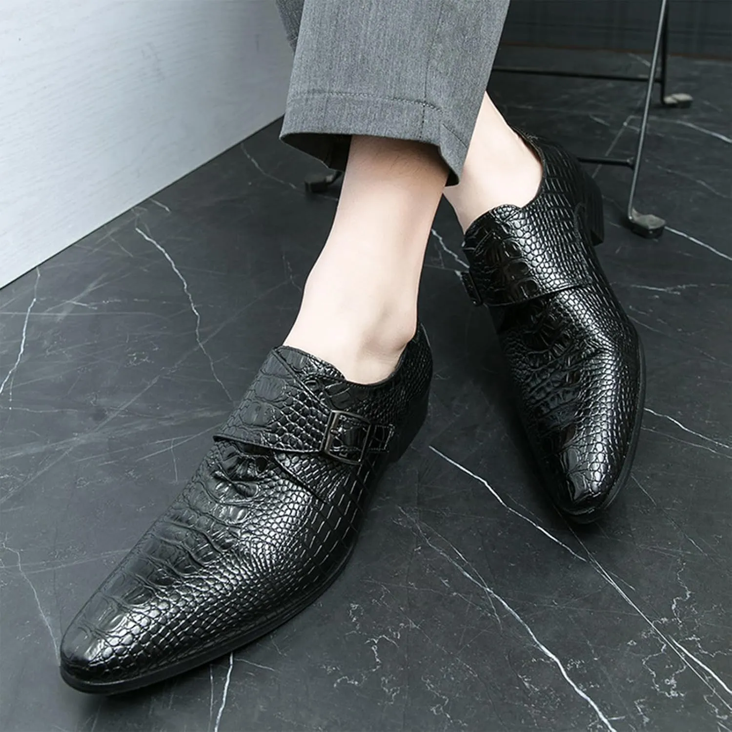 Men's Leather Monk Buckle Pointed-Toe Dress Oxford Shoes, Fashionable Chunky Low Heel Slip-on Low Top Business Formal Loafers for Office Work