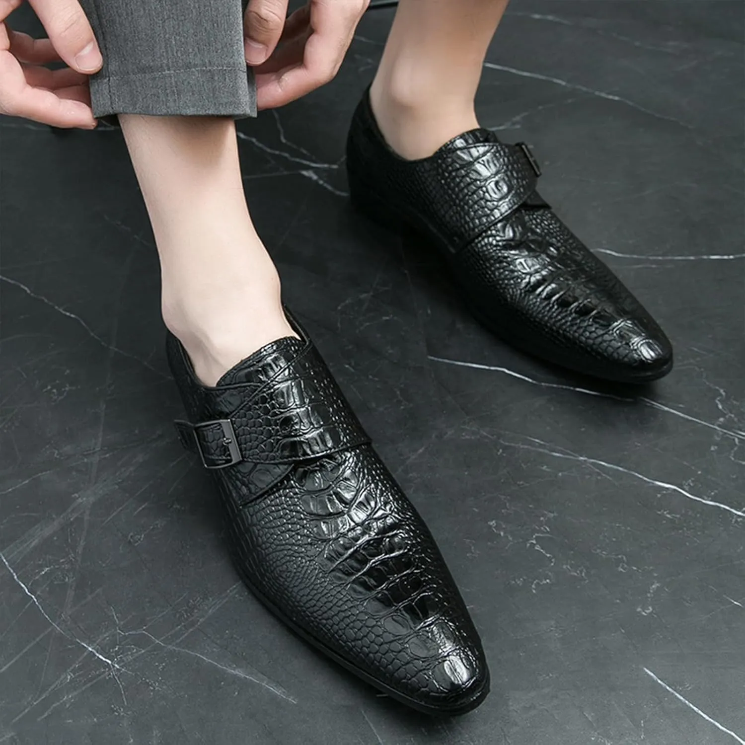 Men's Leather Monk Buckle Pointed-Toe Dress Oxford Shoes, Fashionable Chunky Low Heel Slip-on Low Top Business Formal Loafers for Office Work