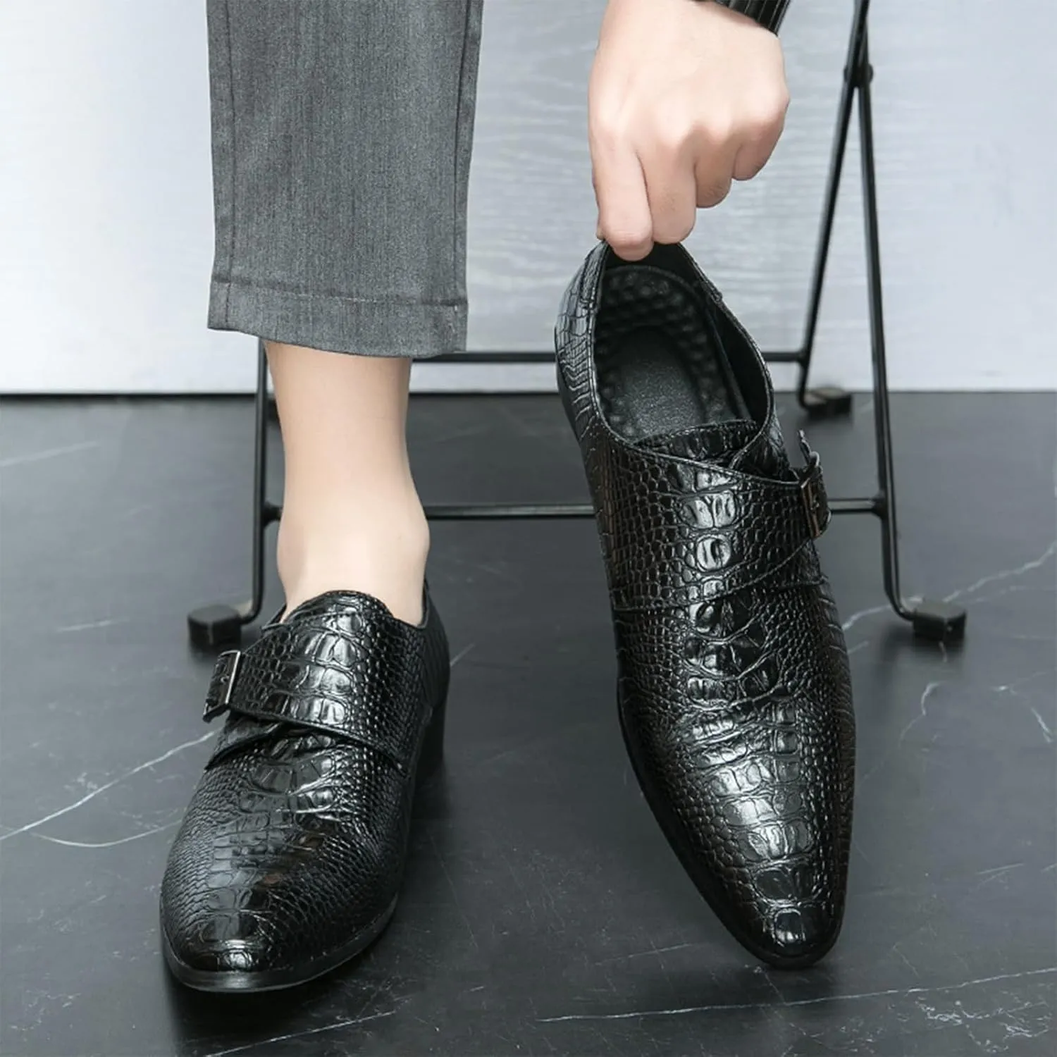 Men's Leather Monk Buckle Pointed-Toe Dress Oxford Shoes, Fashionable Chunky Low Heel Slip-on Low Top Business Formal Loafers for Office Work