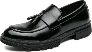 Mens Leather Slip-On Chunky Loafer Shoes with Tassel Fashion Round Toe Low Top Lug Sole Non-Slip Penny Loafers Business Dress Shoes for Men