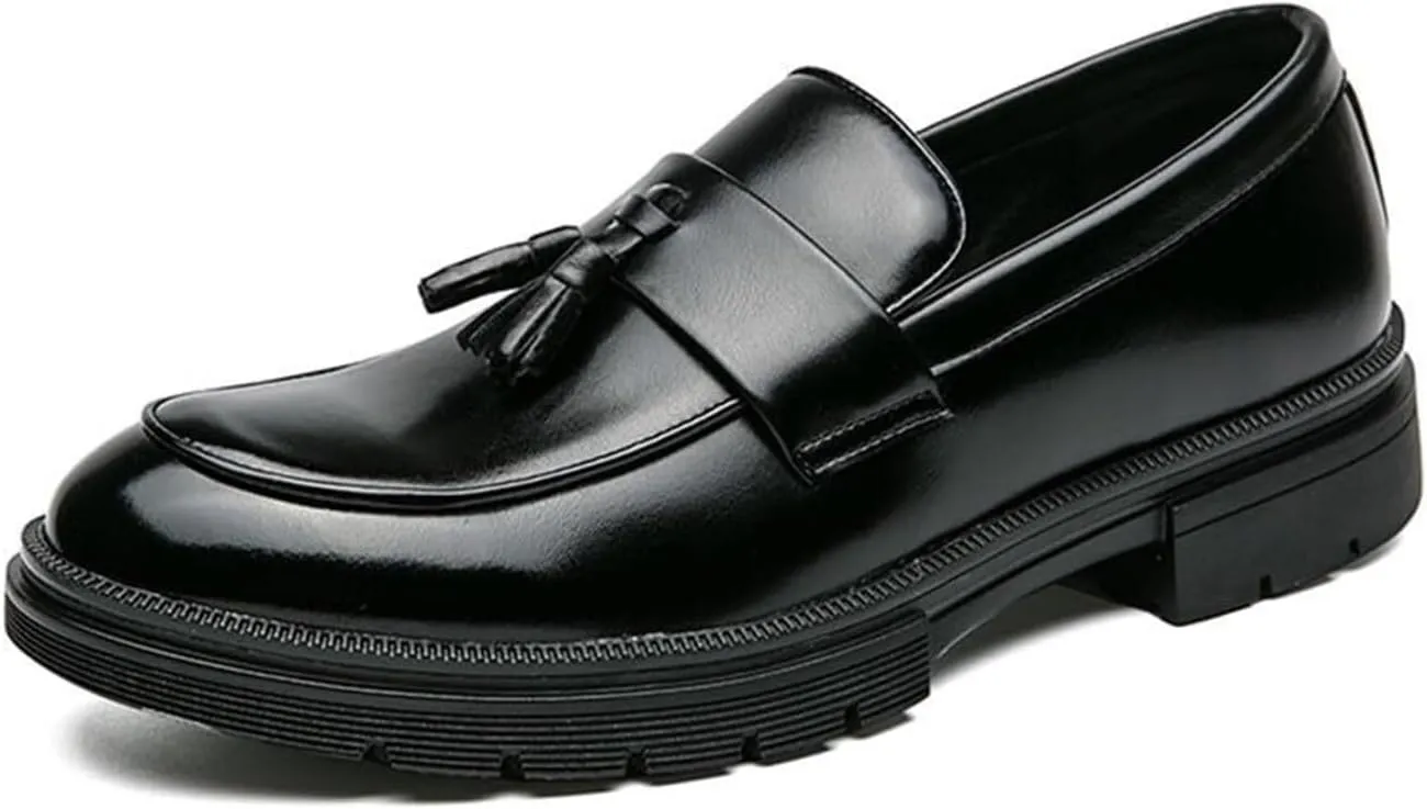 Mens Leather Slip-On Chunky Loafer Shoes with Tassel Fashion Round Toe Low Top Lug Sole Non-Slip Penny Loafers Business Dress Shoes for Men