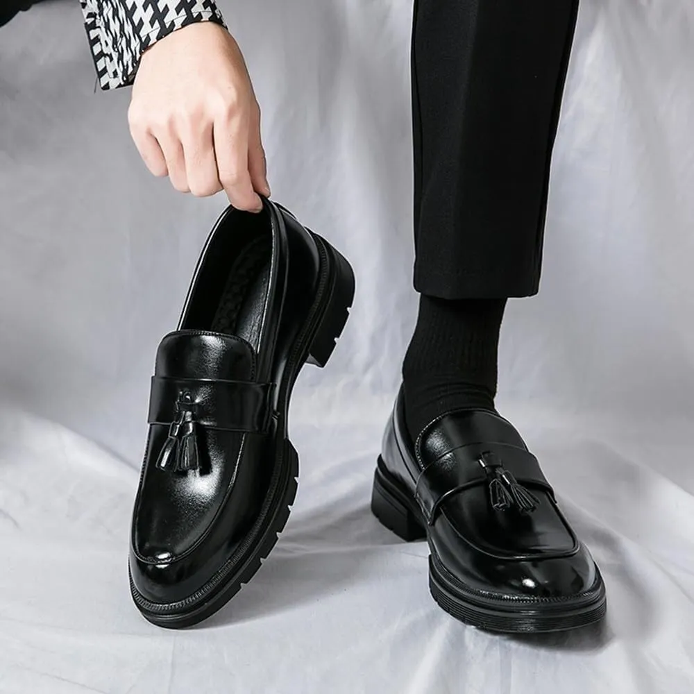 Mens Leather Slip-On Chunky Loafer Shoes with Tassel Fashion Round Toe Low Top Lug Sole Non-Slip Penny Loafers Business Dress Shoes for Men