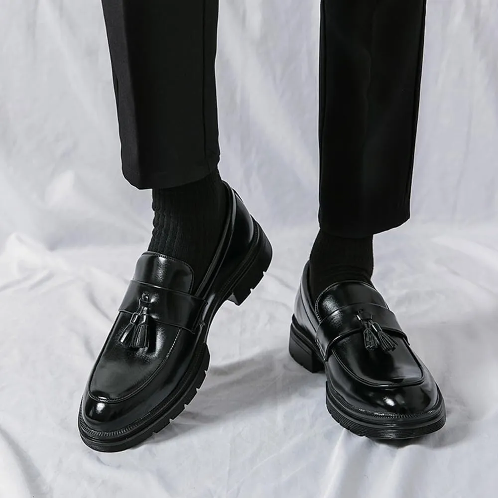 Mens Leather Slip-On Chunky Loafer Shoes with Tassel Fashion Round Toe Low Top Lug Sole Non-Slip Penny Loafers Business Dress Shoes for Men