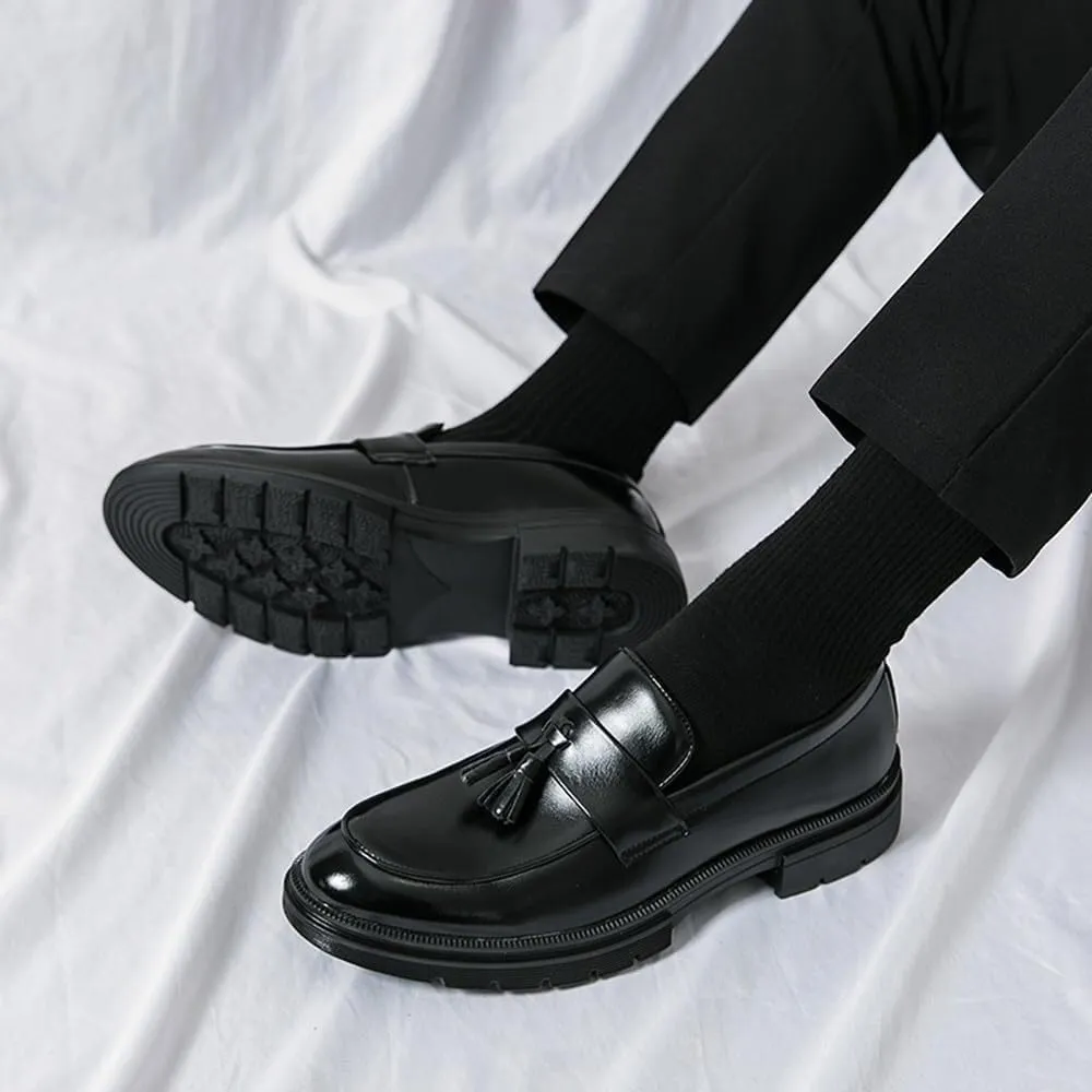 Mens Leather Slip-On Chunky Loafer Shoes with Tassel Fashion Round Toe Low Top Lug Sole Non-Slip Penny Loafers Business Dress Shoes for Men