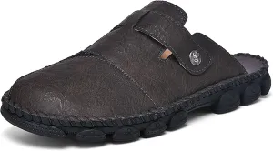 Mens Leather Slippers Closed Toe Mules Summer Casual Outdoor Sandals Beach Shoes
