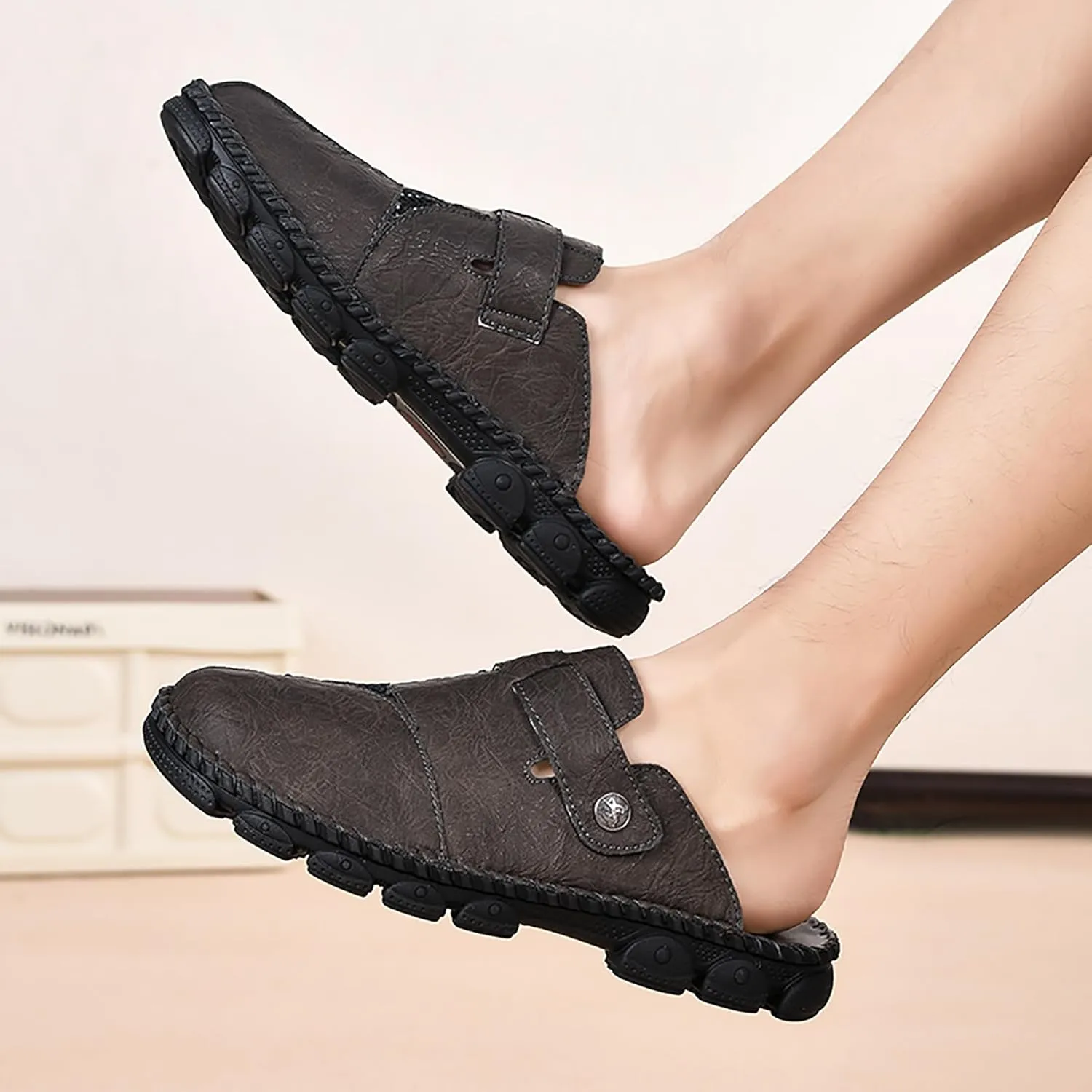 Mens Leather Slippers Closed Toe Mules Summer Casual Outdoor Sandals Beach Shoes