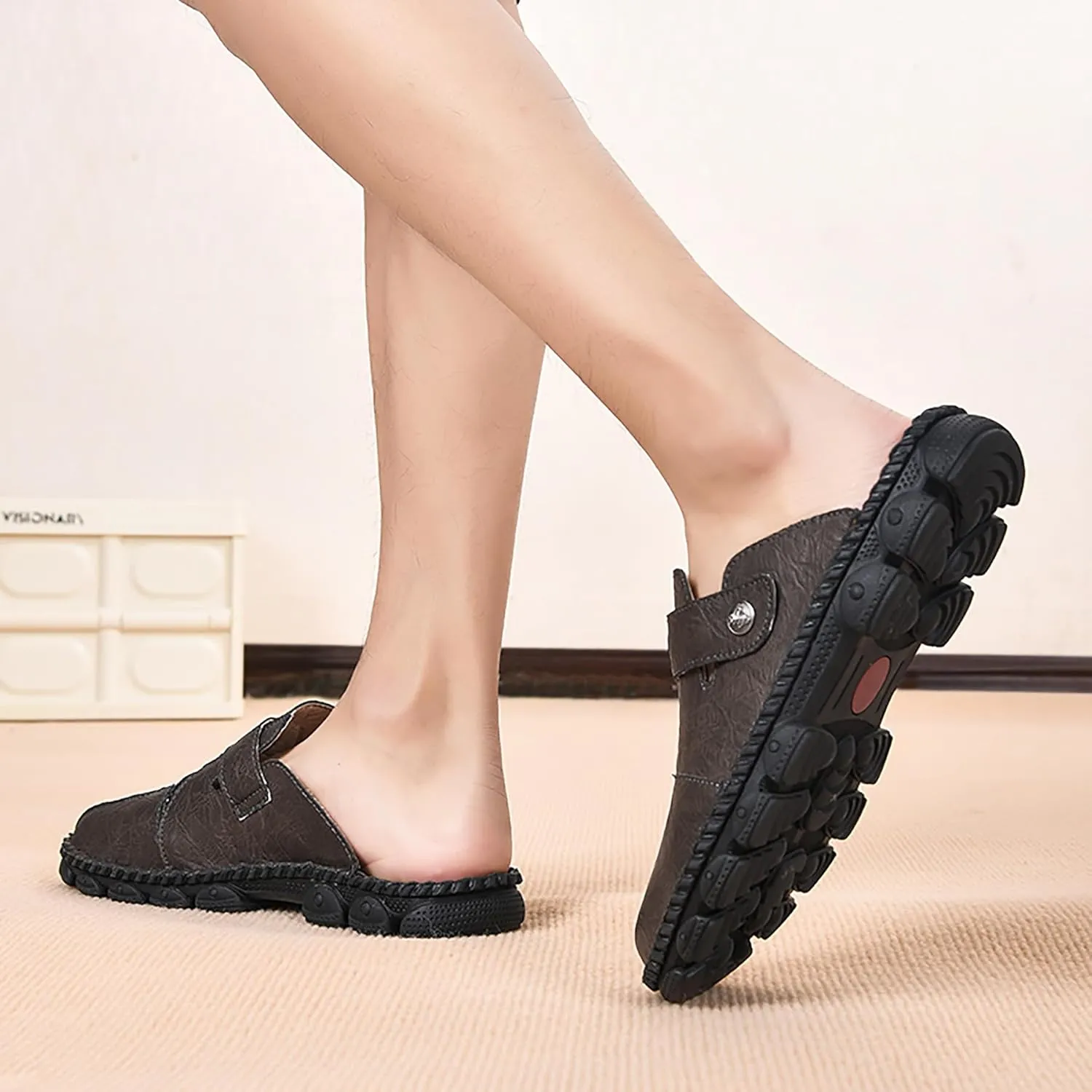 Mens Leather Slippers Closed Toe Mules Summer Casual Outdoor Sandals Beach Shoes