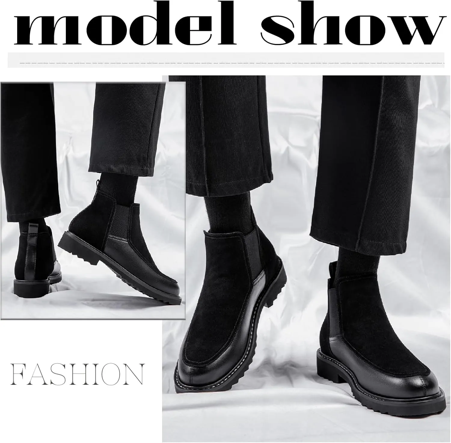 Men's Leather Suede Splice Chelsea Ankle Boots Fashion Comfortable Anti-Slip Lug Sole Elastic Pull On Block Heel Booties for Fall Winter Casual Work Walking Boots