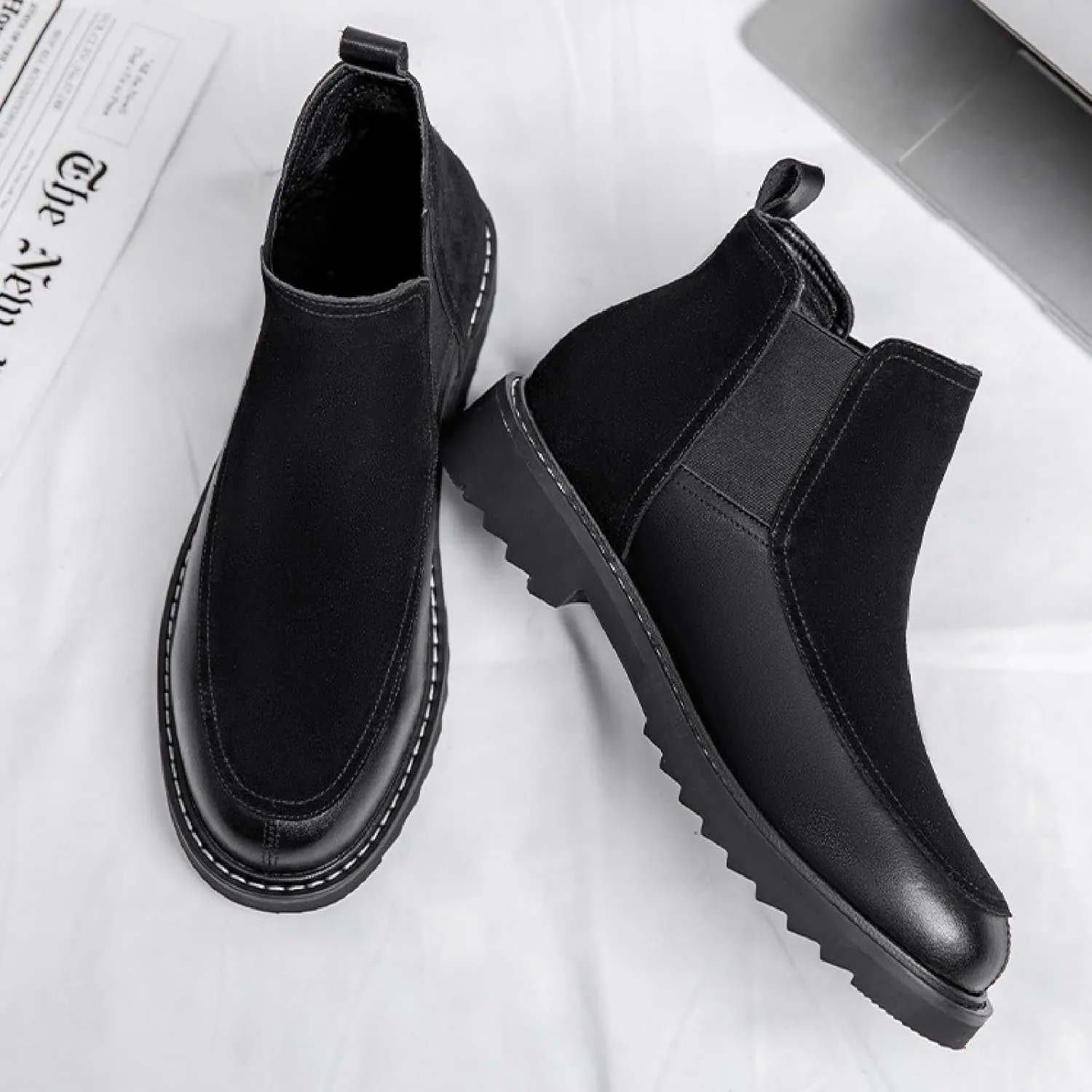 Men's Leather Suede Splice Chelsea Ankle Boots Fashion Comfortable Anti-Slip Lug Sole Elastic Pull On Block Heel Booties for Fall Winter Casual Work Walking Boots