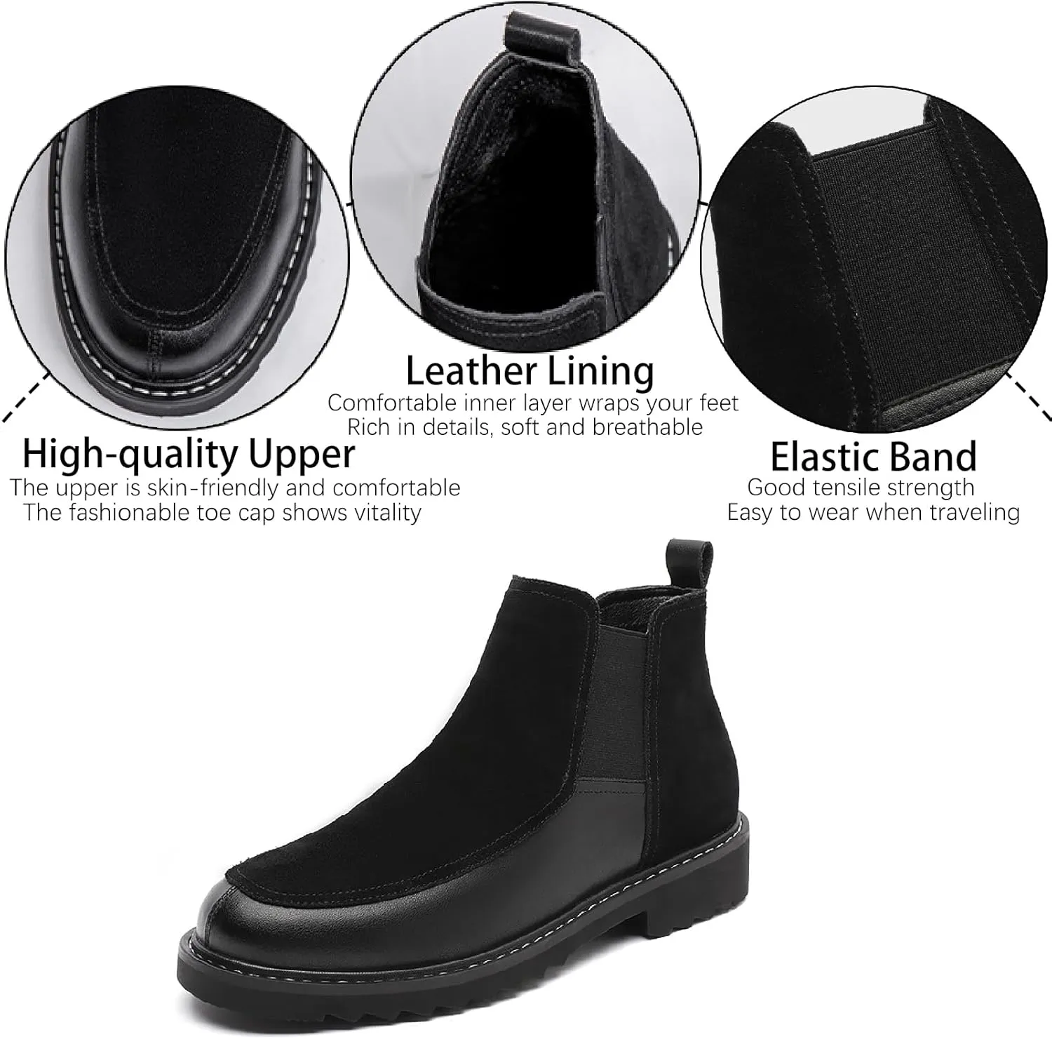 Men's Leather Suede Splice Chelsea Ankle Boots Fashion Comfortable Anti-Slip Lug Sole Elastic Pull On Block Heel Booties for Fall Winter Casual Work Walking Boots