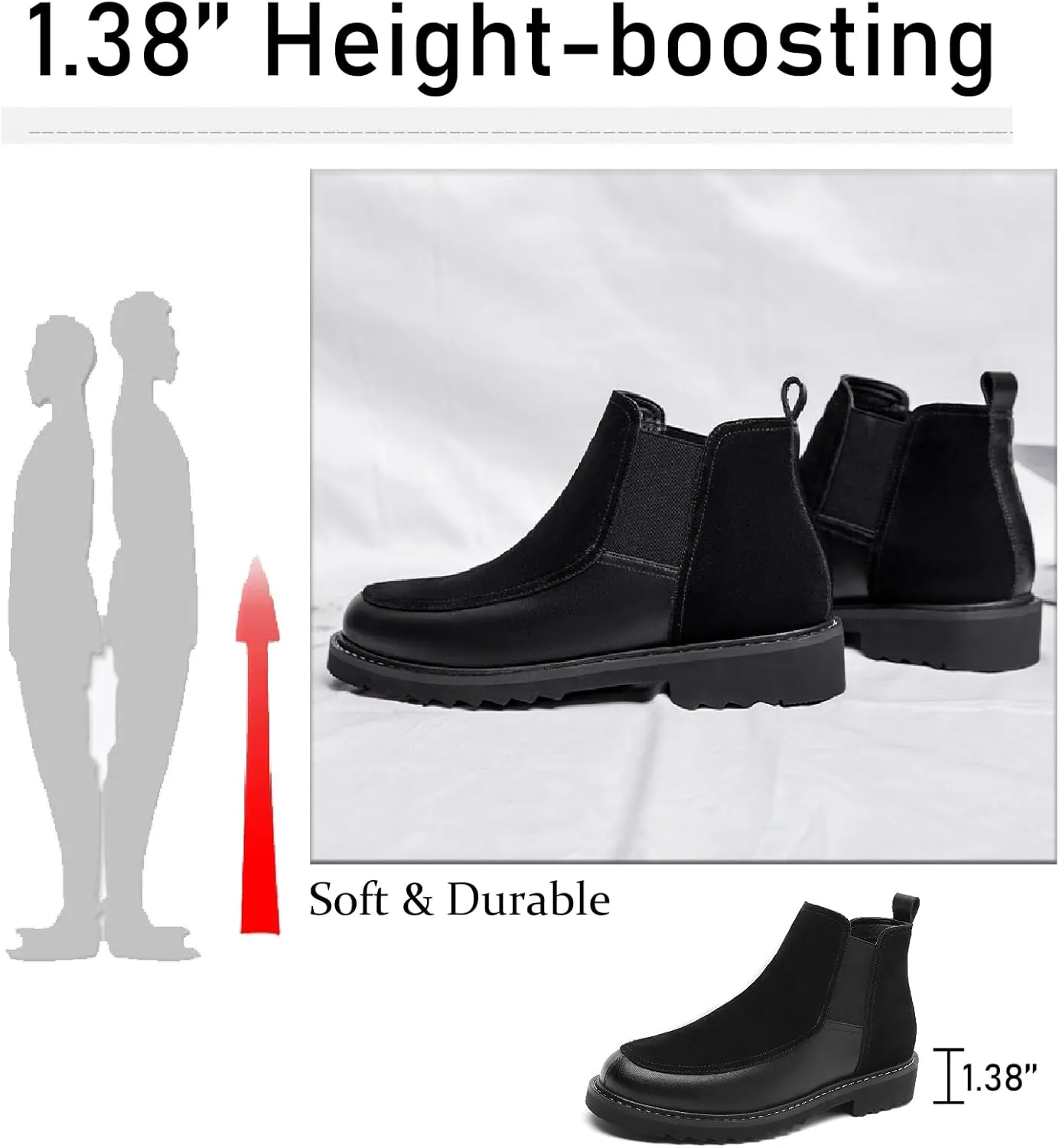Men's Leather Suede Splice Chelsea Ankle Boots Fashion Comfortable Anti-Slip Lug Sole Elastic Pull On Block Heel Booties for Fall Winter Casual Work Walking Boots