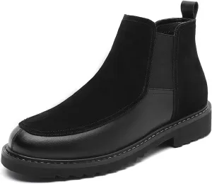 Men's Leather Suede Splice Chelsea Ankle Boots Fashion Comfortable Anti-Slip Lug Sole Elastic Pull On Block Heel Booties for Fall Winter Casual Work Walking Boots