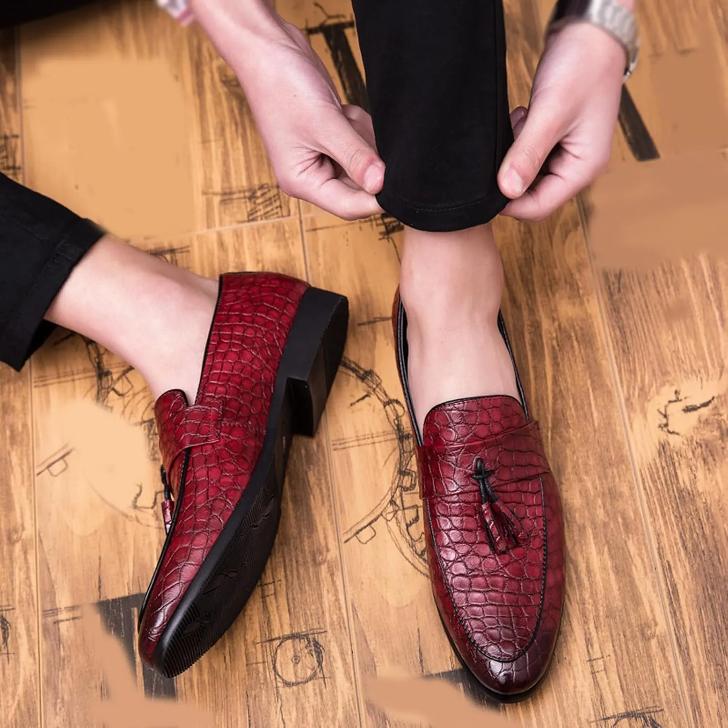 Men's Leather Tassel Slip-on Penny Loafers,Fashion Retro Print Business Formal Oxfords,Comfortable Non-Slip Classic Party Dress Shoes