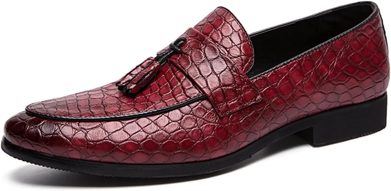 Men's Leather Tassel Slip-on Penny Loafers,Fashion Retro Print Business Formal Oxfords,Comfortable Non-Slip Classic Party Dress Shoes