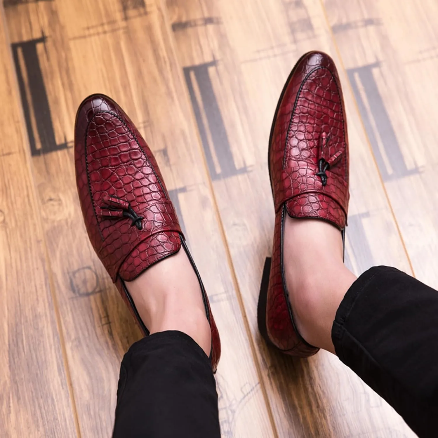 Men's Leather Tassel Slip-on Penny Loafers,Fashion Retro Print Business Formal Oxfords,Comfortable Non-Slip Classic Party Dress Shoes