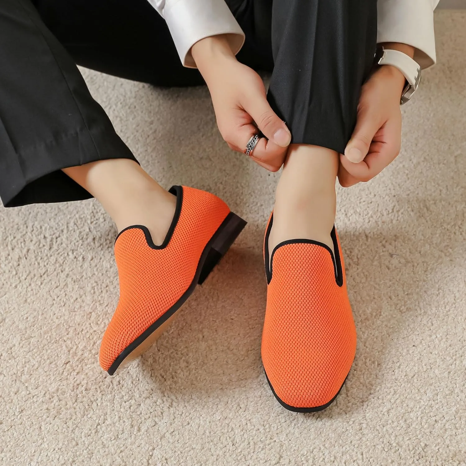Men's Orange Loafers, Casual Slip-On Shoes, Mesh Upper & Insole, Round Toe, Moderate Cushioning, Spring/Summer