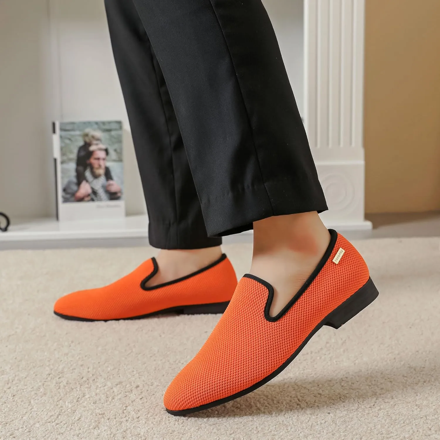 Men's Orange Loafers, Casual Slip-On Shoes, Mesh Upper & Insole, Round Toe, Moderate Cushioning, Spring/Summer