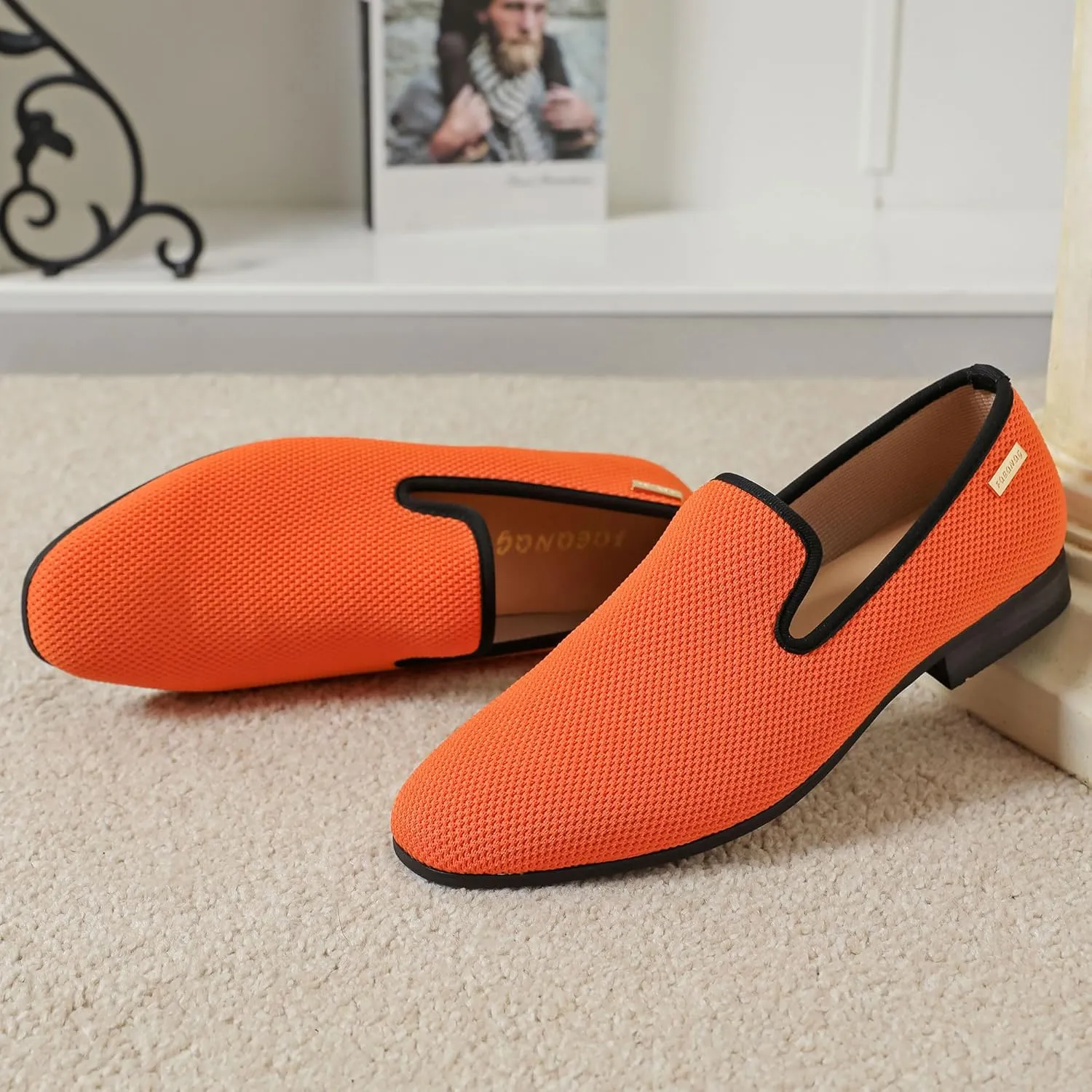 Men's Orange Loafers, Casual Slip-On Shoes, Mesh Upper & Insole, Round Toe, Moderate Cushioning, Spring/Summer