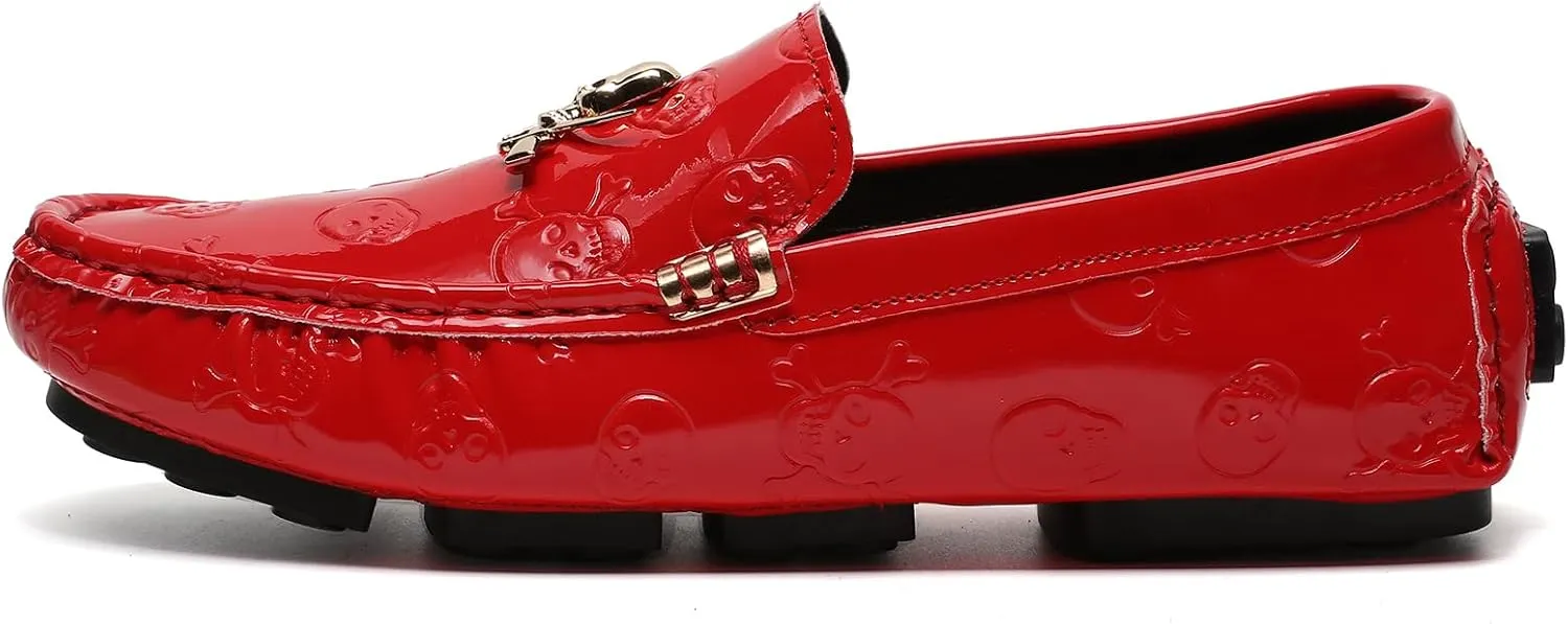 Men's Penny Loafers Patent Leather Skull Pattern Loafers Slip-On Driving Moccasins with Gold Skull Buckle Accent Boat Casual Dress Shoes