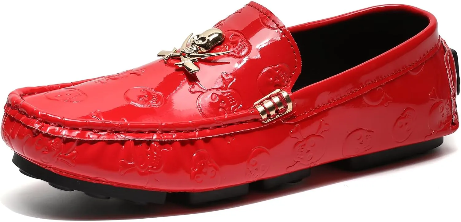 Men's Penny Loafers Patent Leather Skull Pattern Loafers Slip-On Driving Moccasins with Gold Skull Buckle Accent Boat Casual Dress Shoes