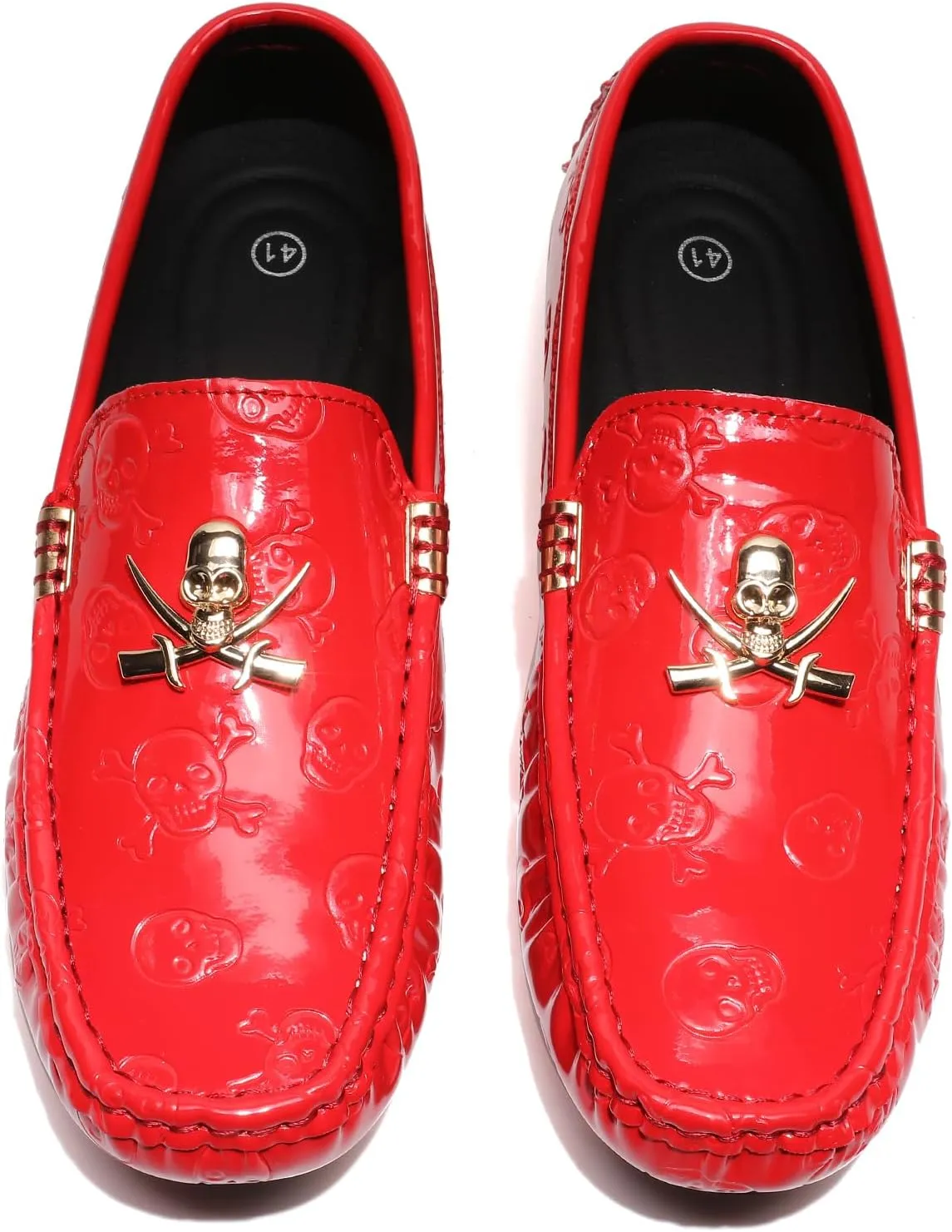Men's Penny Loafers Patent Leather Skull Pattern Loafers Slip-On Driving Moccasins with Gold Skull Buckle Accent Boat Casual Dress Shoes