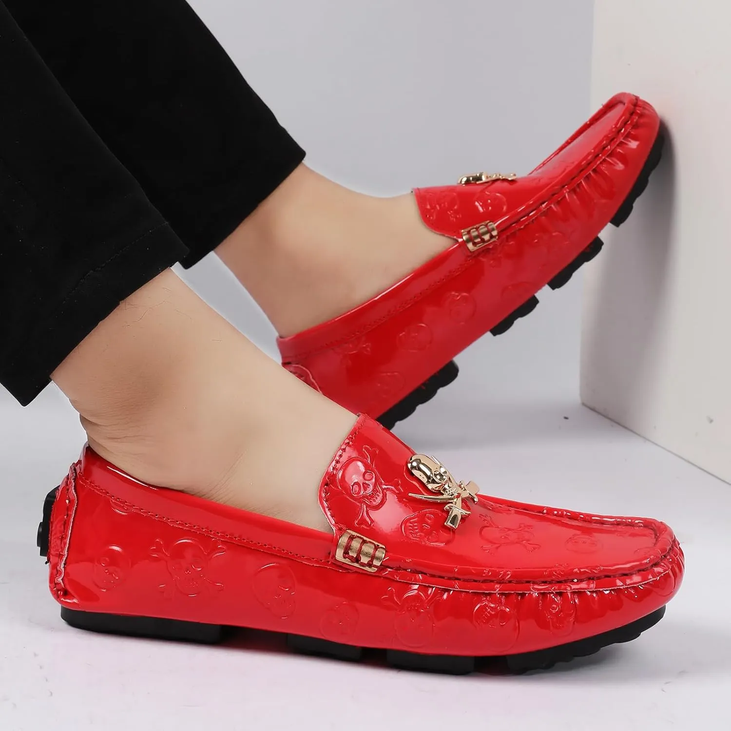 Men's Penny Loafers Patent Leather Skull Pattern Loafers Slip-On Driving Moccasins with Gold Skull Buckle Accent Boat Casual Dress Shoes