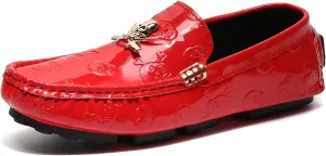 Men's Penny Loafers Patent Leather Skull Pattern Loafers Slip-On Driving Moccasins with Gold Skull Buckle Accent Boat Casual Dress Shoes