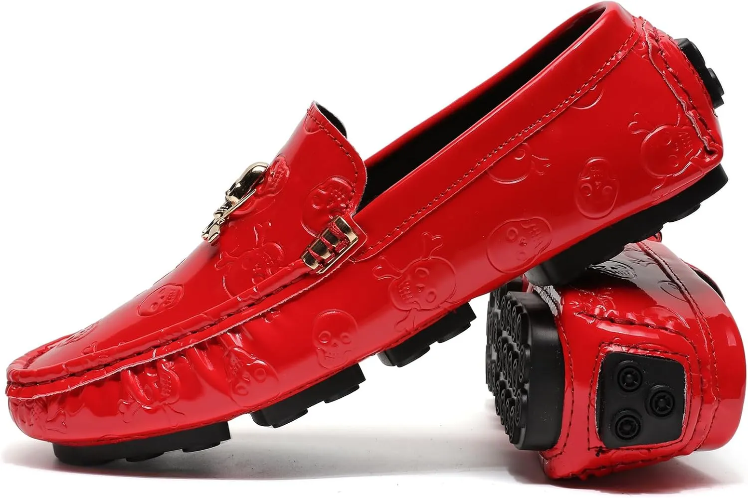 Men's Penny Loafers Patent Leather Skull Pattern Loafers Slip-On Driving Moccasins with Gold Skull Buckle Accent Boat Casual Dress Shoes