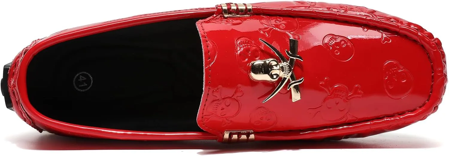Men's Penny Loafers Patent Leather Skull Pattern Loafers Slip-On Driving Moccasins with Gold Skull Buckle Accent Boat Casual Dress Shoes