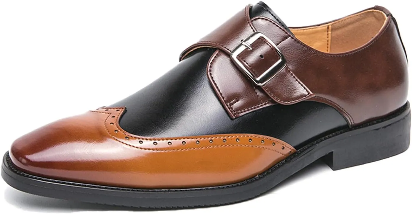 Men's Pointed Toe Patent Leather Two Tone Brogue Loafers with Monk Buckle Low Heel Non-Slip Comfortable Slip-On Dress Oxford Shoes Fashion Formal Business Derby Shoes