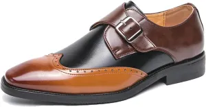 Men's Pointed Toe Patent Leather Two Tone Brogue Loafers with Monk Buckle Low Heel Non-Slip Comfortable Slip-On Dress Oxford Shoes Fashion Formal Business Derby Shoes