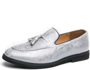 Mens Retro Printed Patent Leather Slip On Tassel Dress Loafers Low Top Round Toe Non-Slip Casual Penny Shoes for Formal Business Wedding Office