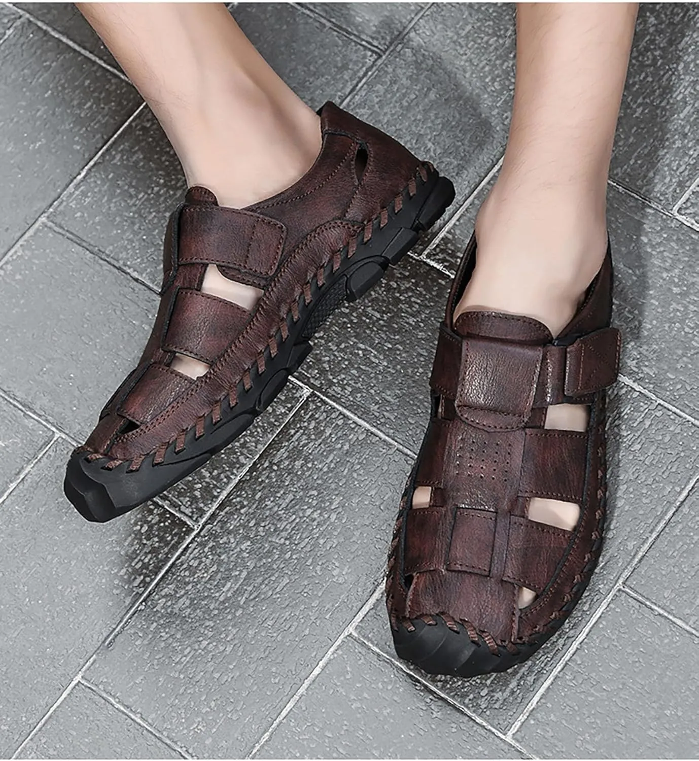 Men's Sandals Mens Closed Toe Leather Sandals Outdoor Adjustable Fisherman Hiking