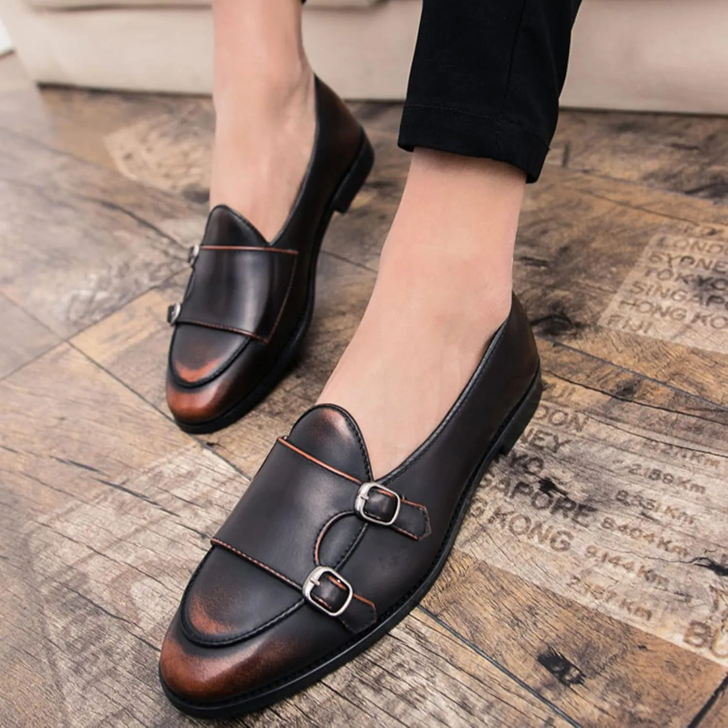 Men's Slip-on Dress Oxford Shoes,Pointed-Toe Low-top Double Monk Strap Black Patent Leather Business Casual Singles