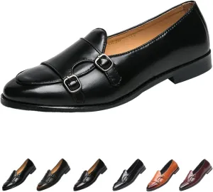 Men's Slip-on Dress Oxford Shoes,Pointed-Toe Low-top Double Monk Strap Black Patent Leather Business Casual Singles