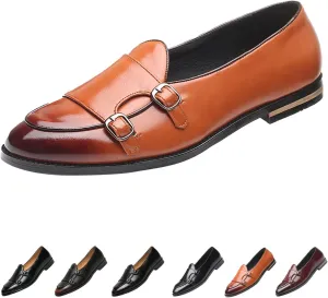 Men's Slip-on Dress Oxford Shoes,Pointed-Toe Low-top Double Monk Strap Black Patent Leather Business Casual Singles